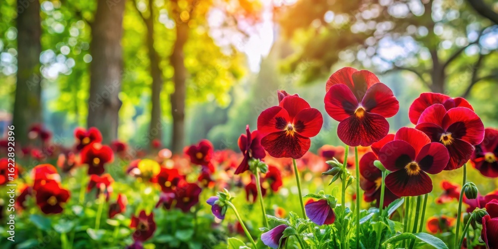 Fototapeta premium Vibrant Crimson Pansies Blooming in a Sunlit Garden, a Peaceful and Serene Natural Landscape Featuring Lush Greenery and a Delicate Floral Display