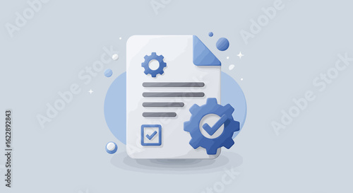 3D illustration of a document with gears and checkmarks, signifying process optimization and completion.