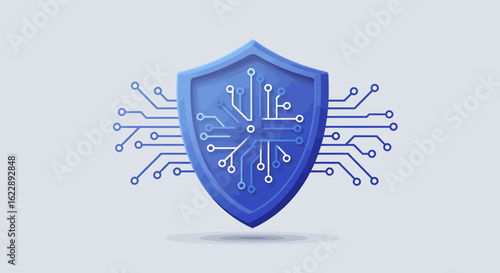 Cybersecurity shield, digital protection, circuit board, data security concept.