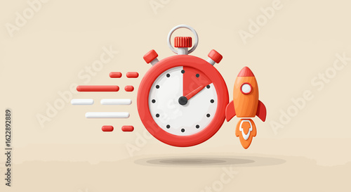 Red stopwatch with rocket launching, symbolizing fast speed and quick project launch.