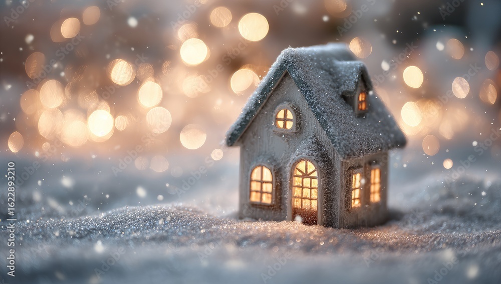 Tiny snow-covered house glows warmly in snowfall Tiny snow-covered house glows warmly in snowfall