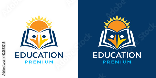 People Book Sun Logo Vector Illustration Symbol Design Template. Abstract Creative Book and Sun Logo Vector. Vector Logo of Open Book Education.