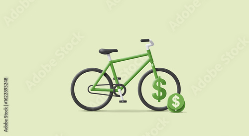 A green bicycle with dollar signs on the wheels and beside it, representing financial concepts.