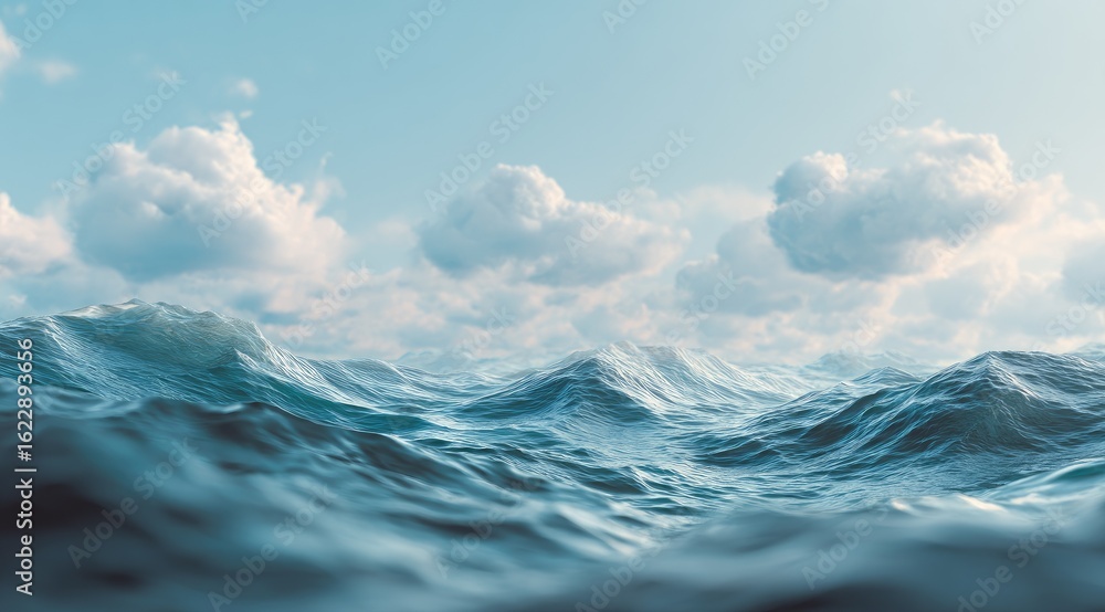 Obraz premium Vast ocean waves under a bright sky with fluffy clouds