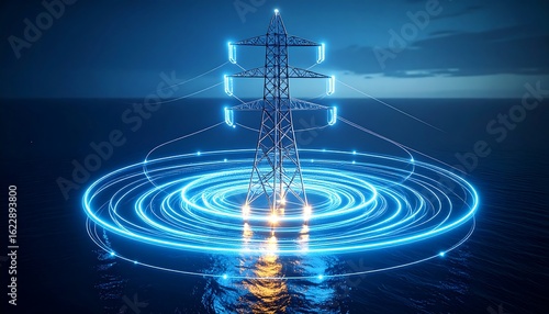 Electrical Tower with Glowing Rings in Ocean Water