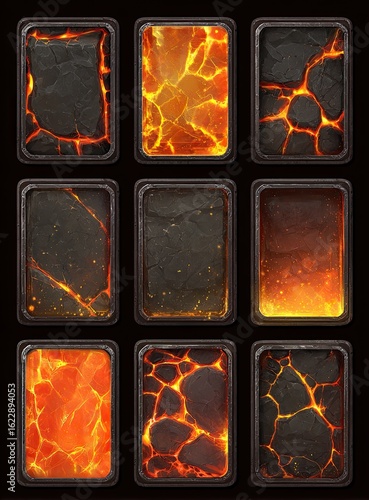 Nine stylized digital illustrations of lava textures.  Each rectangular panel shows a different pattern and variation of molten rock, with cracks and glowing orange-yellow flames/lava.