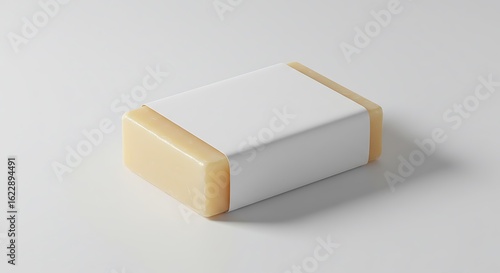 A bar of light beige soap with a blank white label, displayed on a plain white surface.