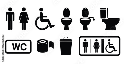 Vector art of a collection of restroom and accessibility icons in black and white, isolated on white background, representing public facilities, gender identification, and accessibility for all indivi