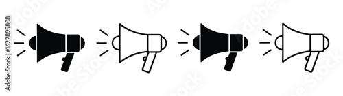 Vector art of four megaphone icons in black and white, alternating colors, isolated on white background, representing communication, announcements, and public address systems for various purposes