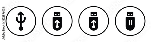 Vector art of set of four usb connection icons isolated on white background, representing different types of usb ports and data transfer symbols for various electronic devices and connectivity options