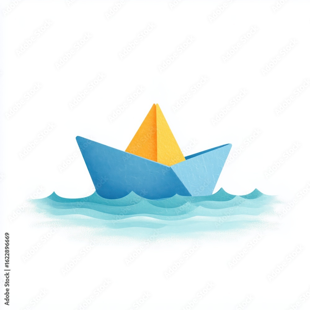 Bright paper boat floats on gentle waves under clear blue sky in serene setting. Bright paper boat floats on gentle waves under clear blue sky in serene setting.