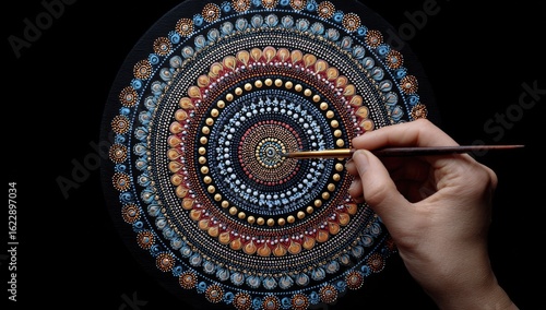 Hand-painted mandala on dark surface