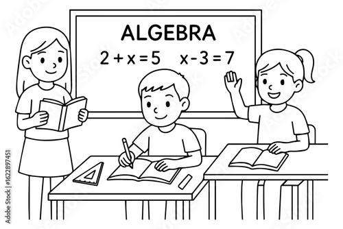 Algebra class coloring page. Line art of children learning math in school classroom