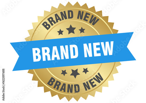 brand new. brand new round blue and gold label isolated on transparent background