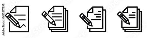 Vector art of a series of document and pencil icons isolated on white background, symbolizing writing, editing, and creating content, suitable for representing textbased tasks and information manageme