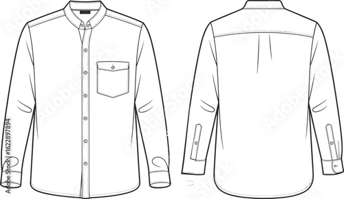Men’s button-up shirt flat sketch, long sleeve design, front and back view, fashion technical drawing, pocket detail, apparel template
