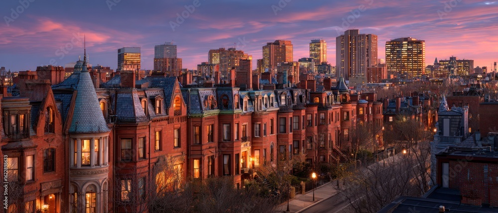 Obraz premium Boston Back Bay Sunset: Row Houses and City Skyline