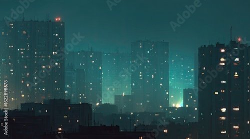 City skyline at night, shrouded in mist.  Illuminated apartment buildings