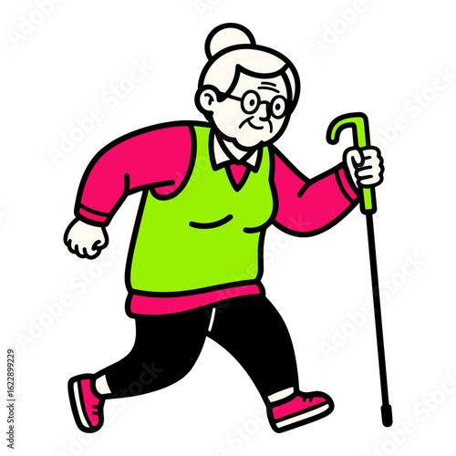 Cartoon of an active elderly woman with a cane walking
