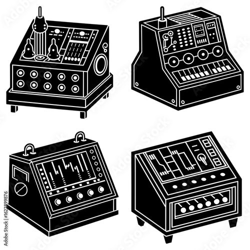 Illustration of four vintage synthesizer machines with knobs, buttons, and displays in black and white