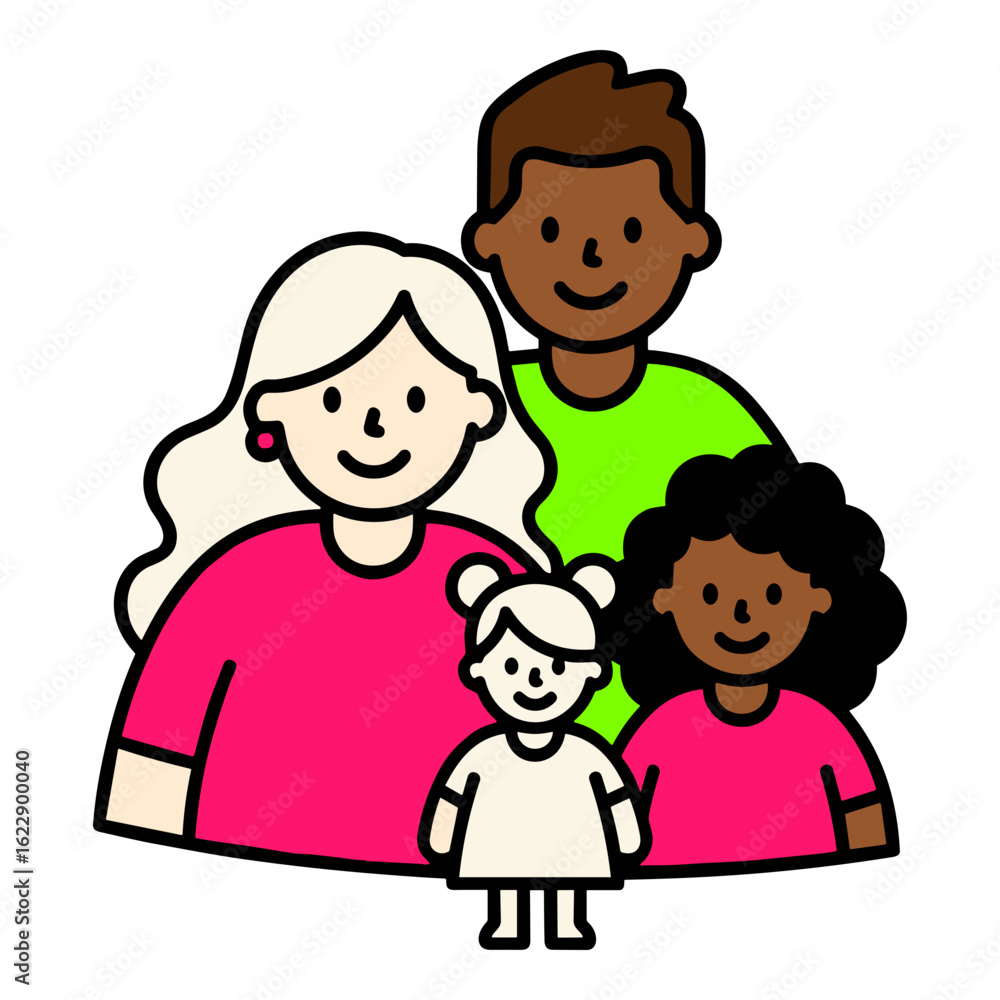 Diverse family illustration with smiling parents and children Diverse family illustration with smiling parents and children
