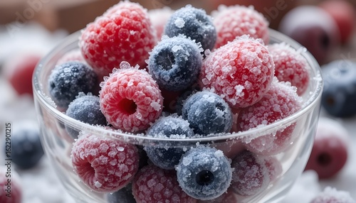 Glass bowl with frozen mixed berries – frost and freshness visible