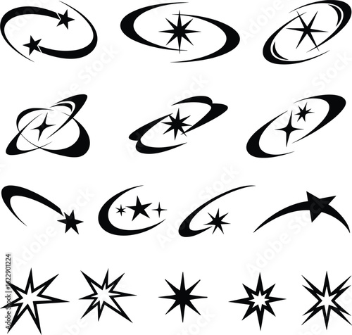 Futuristic spin and sparkle graphic elements. Y2K inspired orbital elements with sparkling details.  Includes stars, sparkles, ovals, blobs, and abstract forms