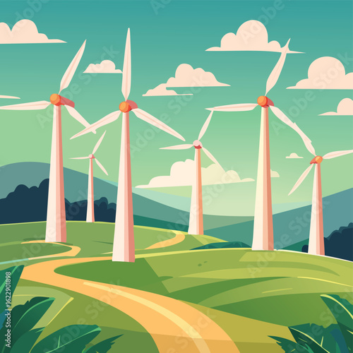 Vector Illustration of Wind Mills on a Grassy Hill – Minimal Flat Design Renewable Energy Scene with Blue Sky and Clouds
