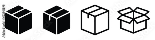 Vector art of isometric cardboard boxes in various states, including open, closed, and partially open, isolated on white background, representing shipping, delivery, and storage solutions for business