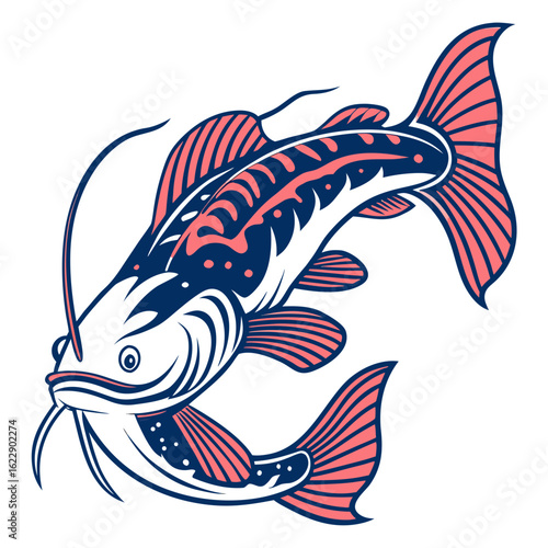 Stylized catfish illustration with coral and navy blue accents