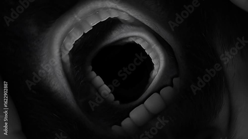 Surreal looping animation of a screaming mouth in darkness. Endless fear, emotion, and distortion. Perfect for horror, art visuals, or abstract backgrounds.