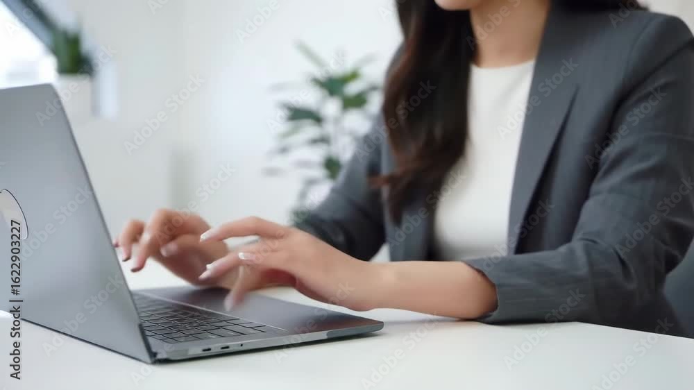 Focused businesswoman typing diligently on a laptop in a bright, modern office setting, conveying productivity and success. Focused businesswoman typing diligently on a laptop in a bright, modern office setting, conveying productivity and success.