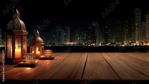 Ornate lanterns on a wooden table at night, with a cityscape in the background (1)