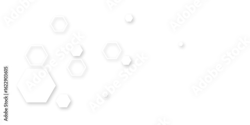 Futuristic abstract background with floating white hexagons and soft drop shadows on a clean white surface, creating a modern, minimalistic tech or science-inspired 3D visual design.