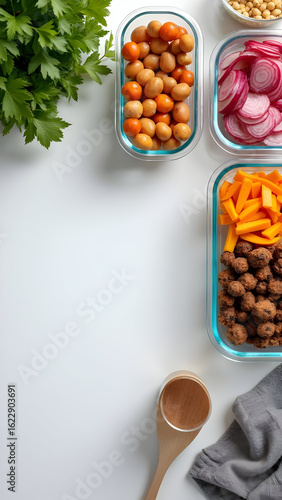 Healthy Meal Prep with Vegetables, Grains, and Plant-Based Sides on White Background