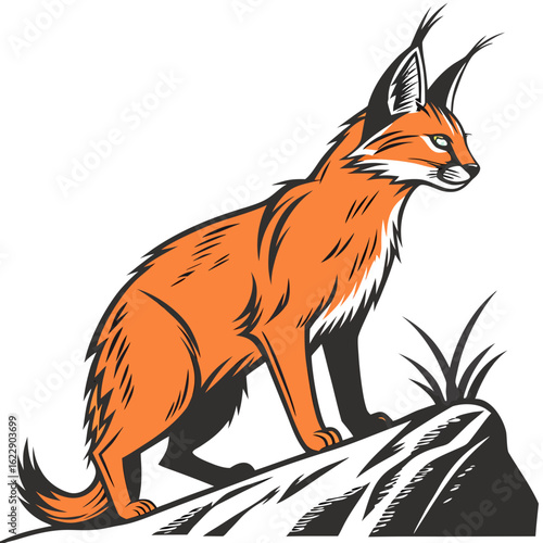 Stylized orange lynx perched on a rocky outcrop