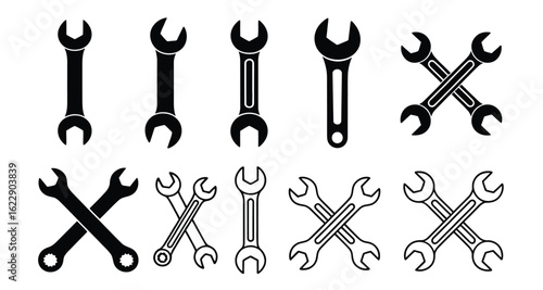 Illustration of various wrench types, including crossed wrenches, isolated on white background, representing repair, maintenance, and mechanical work