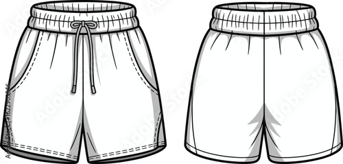 Mens drawstring shorts vector sketch, flat cad design, front and back view, casual wear, fashion template, technical illustration
