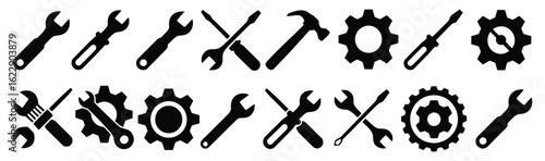 Illustration of various repair tools including wrenches, screwdrivers, a hammer, and gears isolated on white background, representing maintenance, construction, and mechanical work