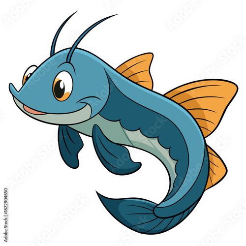 Happy cartoon catfish swimming with orange fins