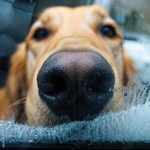 Dog's curious nose presses against the frosty car window on a winter day