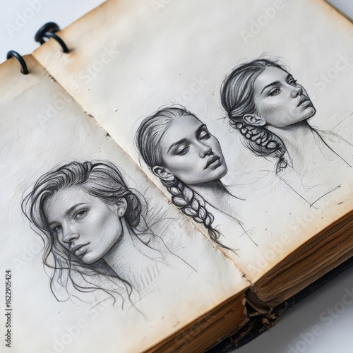 Capturing essence of beauty three times over sketchbook pages filled with pencil portraits depicting different angles and hairstyles of a woman