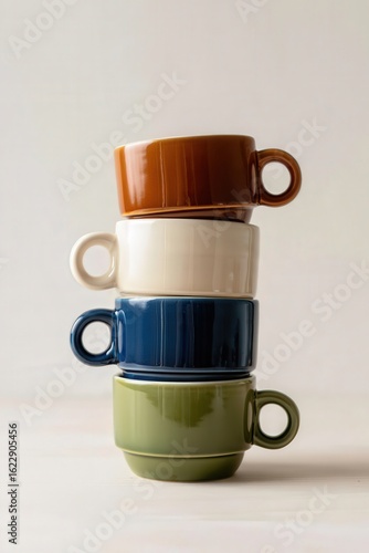 Stacked ceramics a colorful teeter, cups balanced high, a rustic tower of stoneware from kitchen table