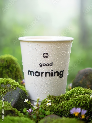 Good morning cup amidst mossy rocks and blooming wildflowers beckons with refreshing dewdrops at sunrise in the forest