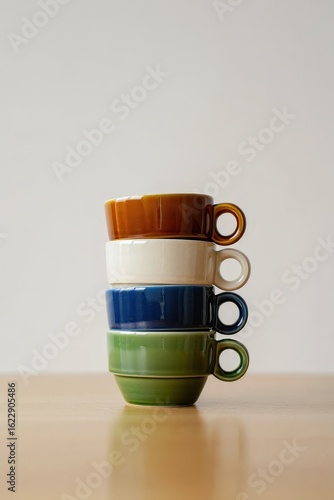 Balancing act of earth tones four ceramic cups stacked on a wooden surface against a plain white backdrop