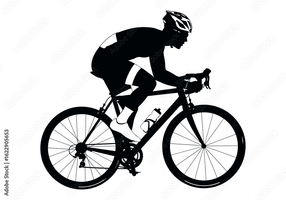 Naklejka premium Vector art of silhouette of a cyclist in motion on a road bicycle, isolated on white background