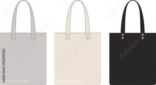 Minimal tote bag set, leather handle bag design, front view mockup, fashion accessory template, shopping bag vector, branding concept