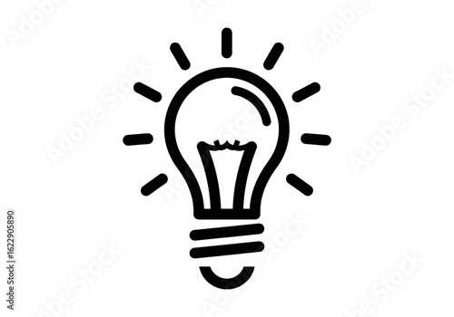 Vector art of simple black outline of a light bulb with rays of light emanating from it, isolated on a white background