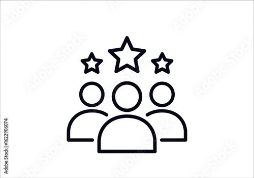 Vector art of icon of a group of people with stars above their heads, representing success, recognition, and teamwork, isolated on white background