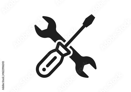 Vector art of crossed wrench and screwdriver icon, symbolizing repair and maintenance, isolated on white background